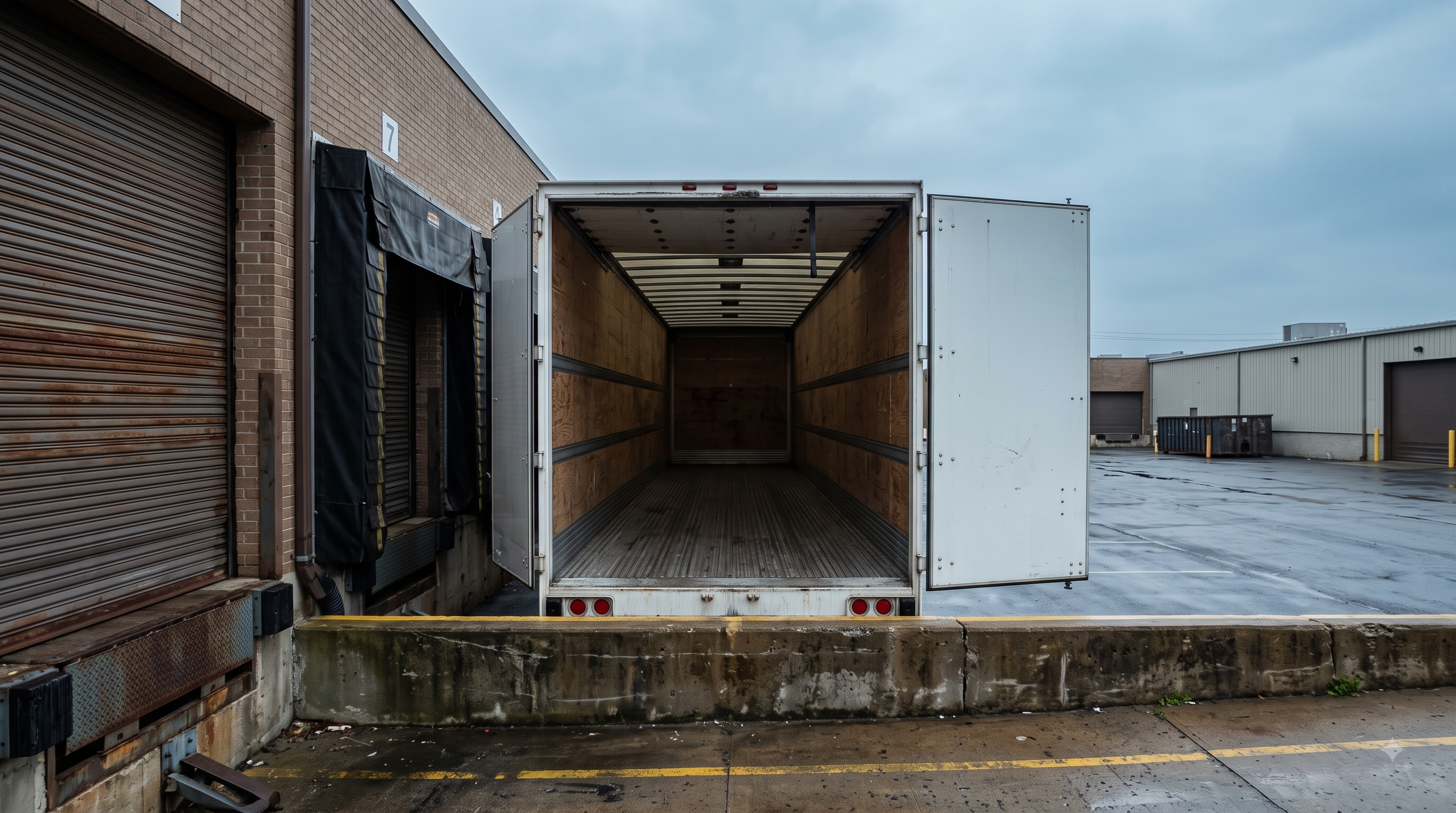 Empty moving truck trailer at a warehouse loading dock during an industry slowdown
