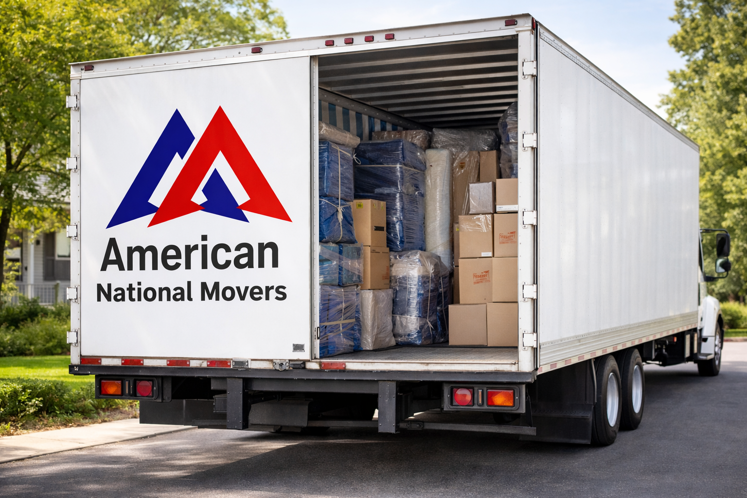 American National Movers truck and logo with professionally packed furniture.
