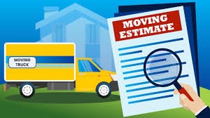 Moving truck outside a house with a large "Moving Estimate" document and magnifying glass in the foreground. Vibrant blue and yellow tones.