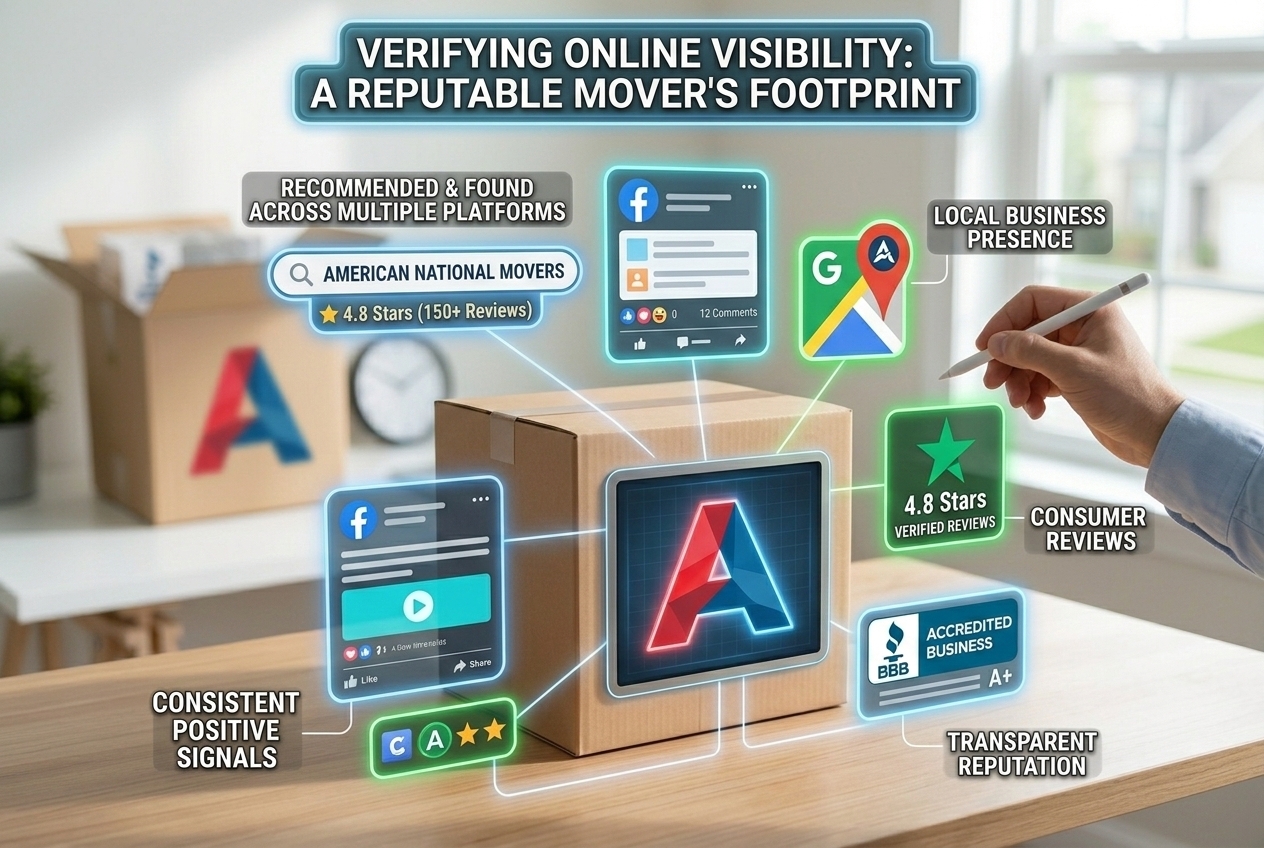 A conceptual infographic collage showing a moving box surrounded by glowing, trusted platform icons, visualizing integrated online visibility.