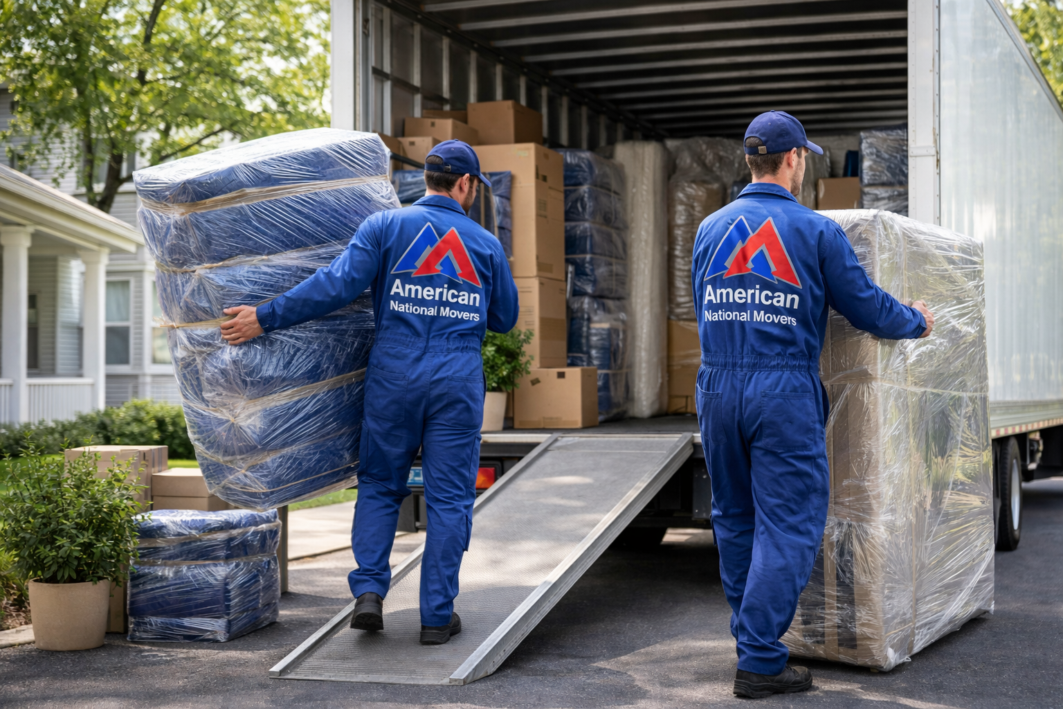 Professional long-distance movers in blue uniforms loading fully wrapped and padded household furniture into an American National Movers truck at a residential home.