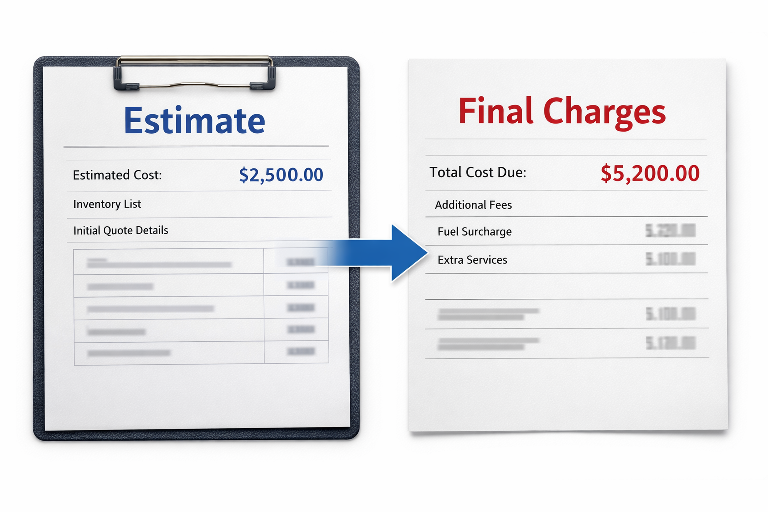 Side-by-side comparison of a moving estimate and final charges showing how long-distance moving costs can increase after booking