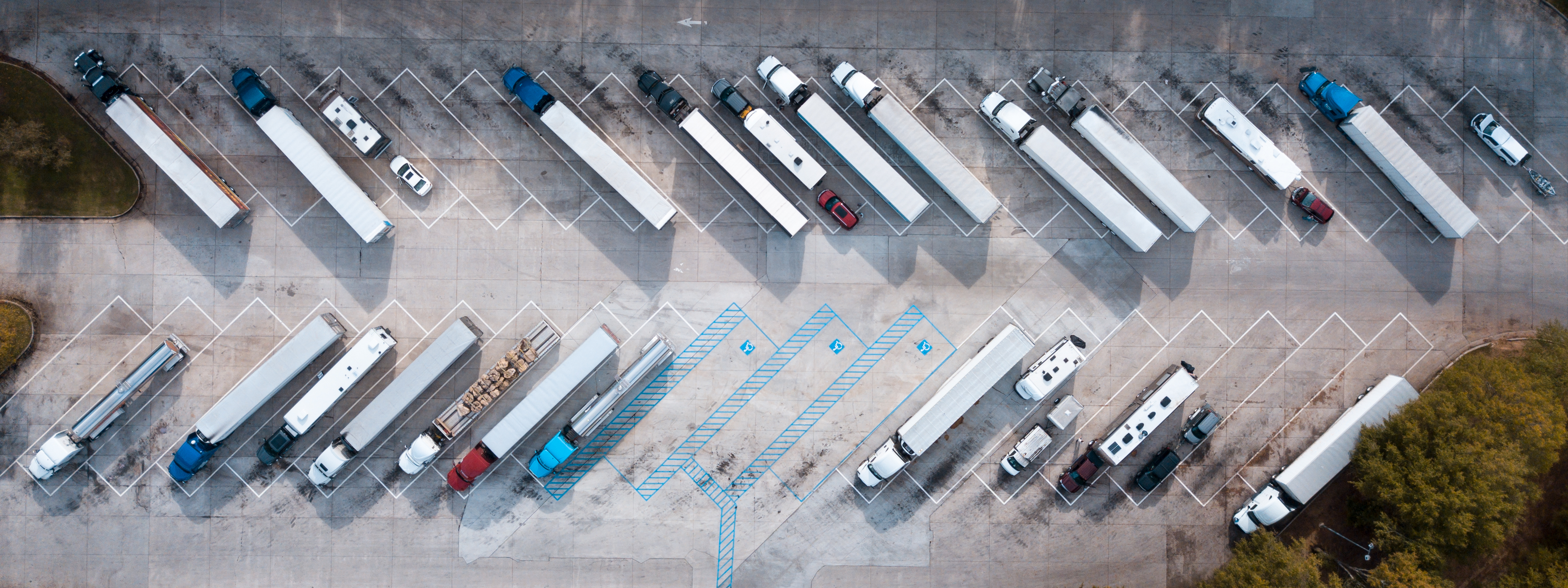 Truck stop on Rest area On the highway. Top view car parking lot. Truck Driver company. Vi