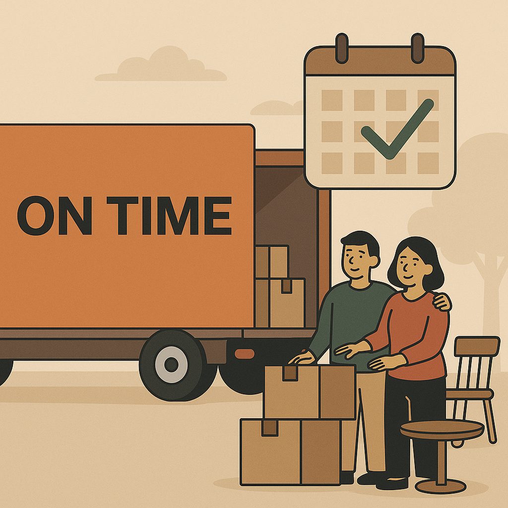 Illustration of long distance movers delivering on time with a photo of 2 happy customers. 