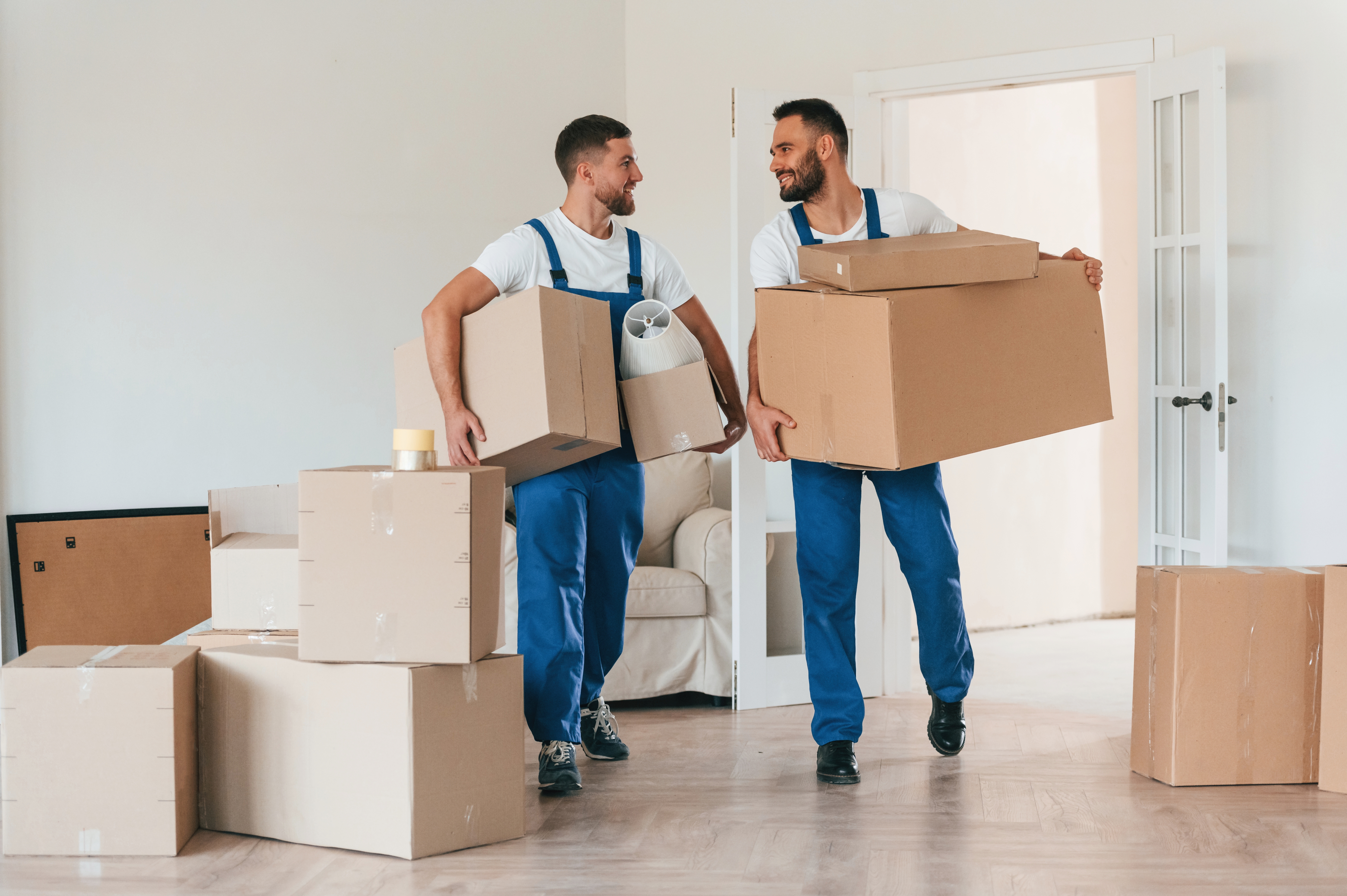 young and friendly movers moving boxes 