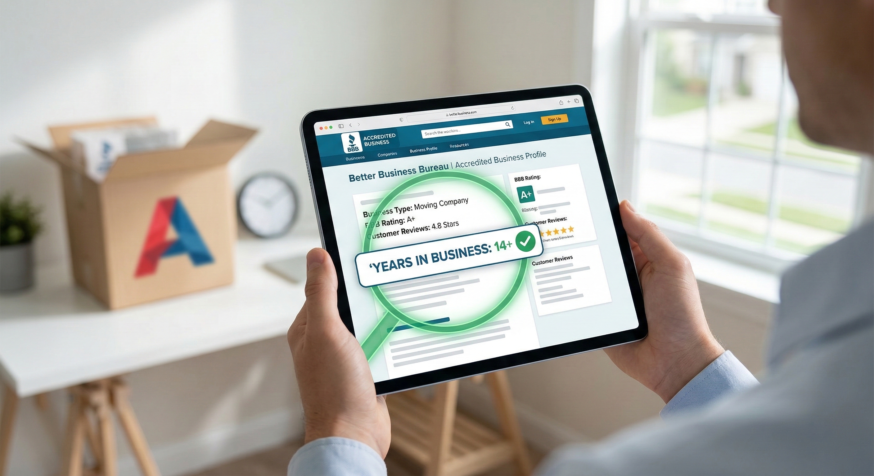 Over-the-shoulder view of a tablet screen highlighting 'YEARS IN BUSINESS: 14+' on a Better Business Bureau (BBB) moving company profile.