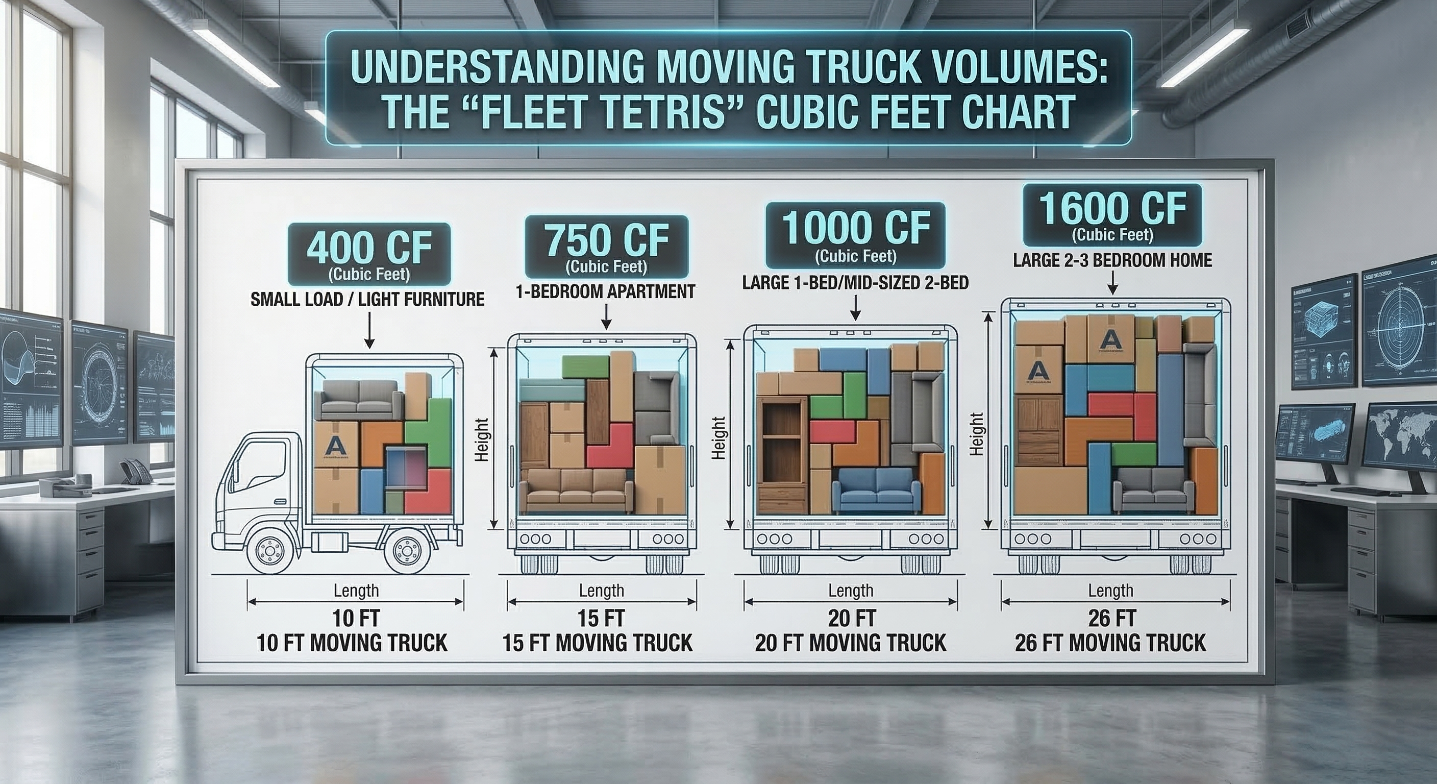 A technical and educational photo visualizing four side-by-side moving truck blueprints with packed 'Fleet Tetris' blocks showing cubic foot volumes for 10ft, 15ft, 20ft, and 26ft trucks.