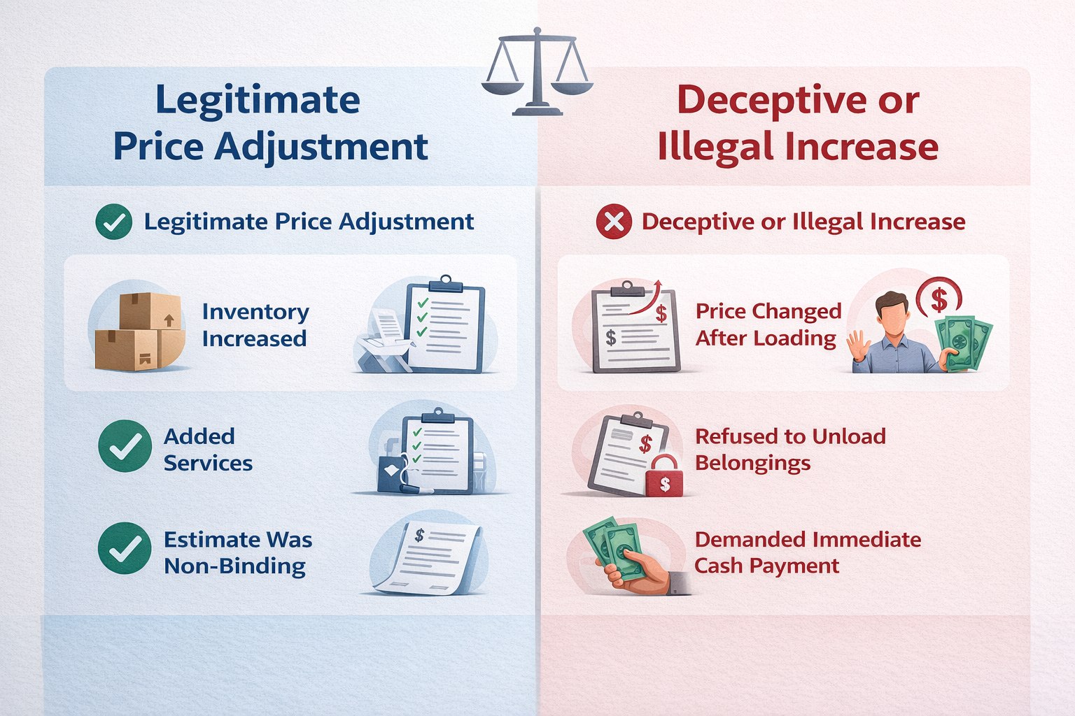 Educational comparison showing legitimate reasons for moving price increases versus deceptive or illegal billing practices by movers
