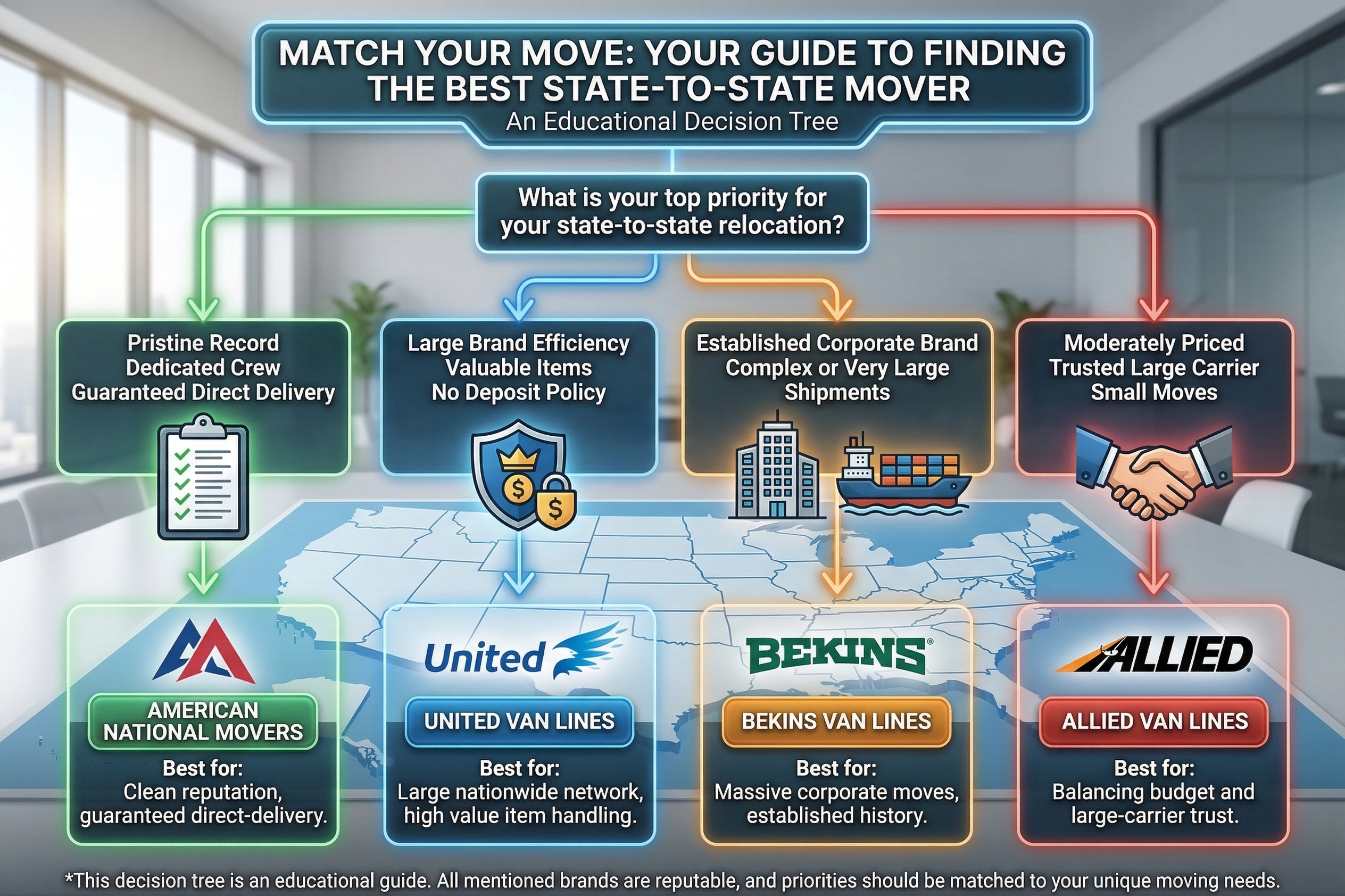 A decision tree infographic comparing the best state to state movers to help you choose the right interstate moving company.