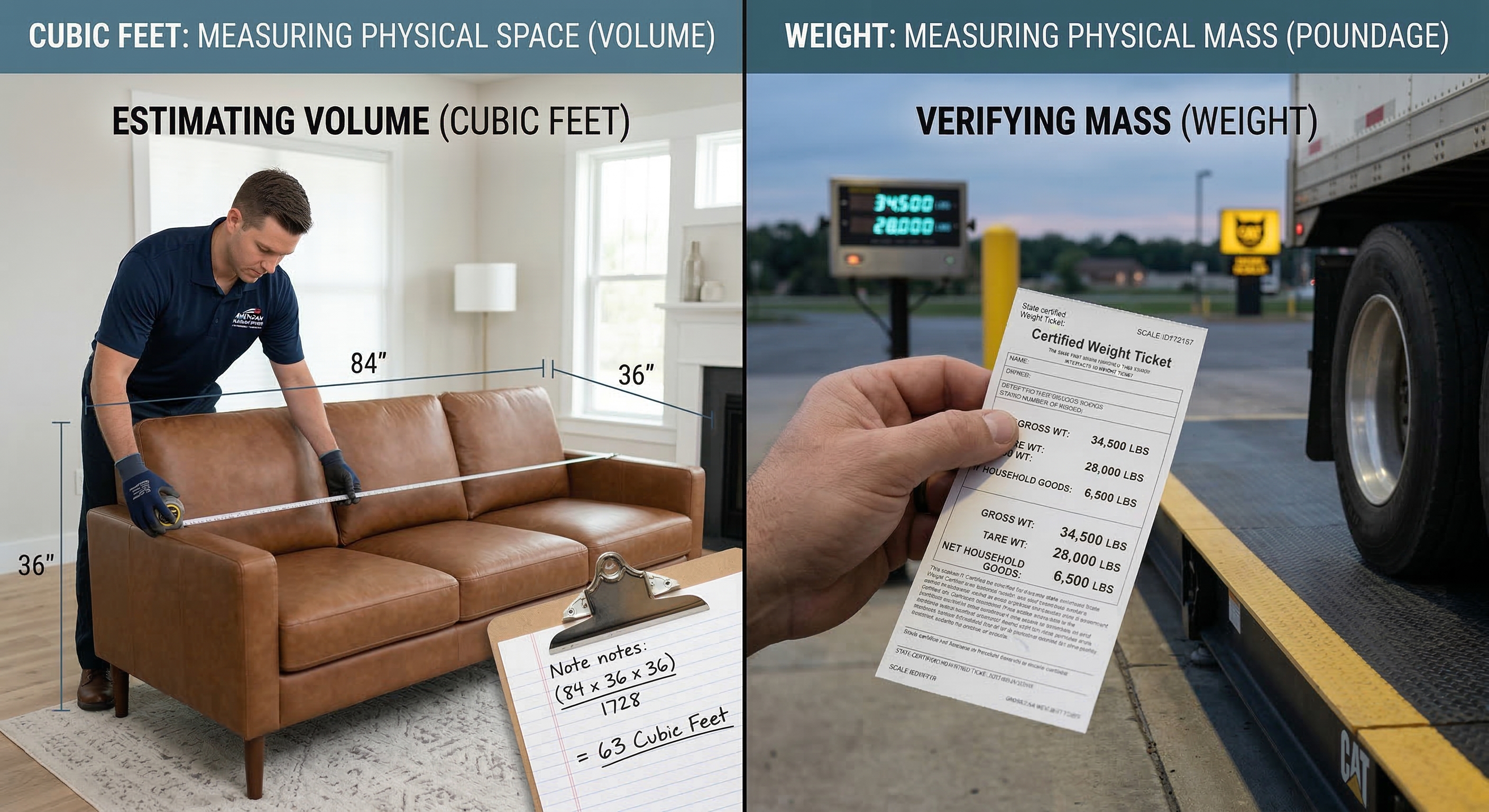 Two cubic feet vs weight examples. Showing a onsite estimator measuring furniture on the left. Showing a mover with a verified weight ticket on the right.