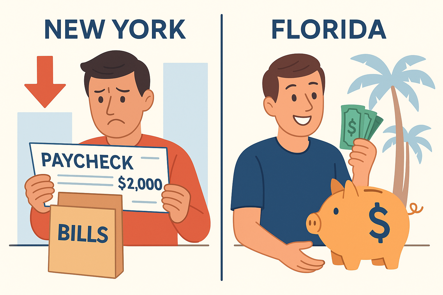 New Yorker's may have a higher income but all of it goes to taxes, everyday living expenses and bills. In Florida you save more of your income—another reason NYC residents are moving to FL.