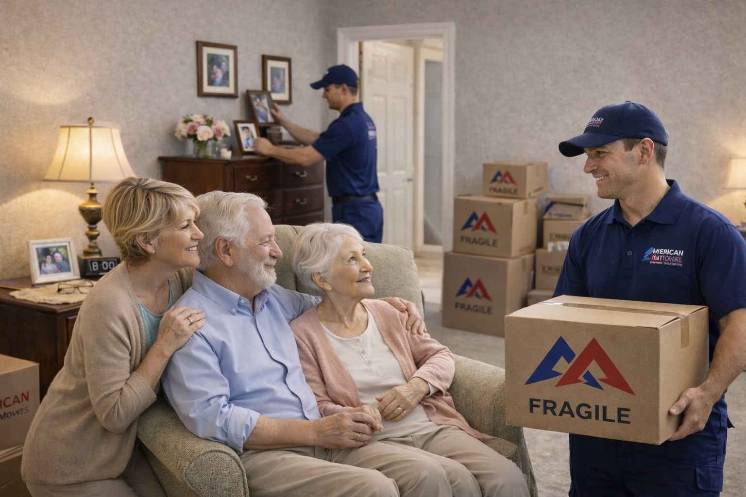 Happy eldery couple watching American National Movers unpacks household goods.