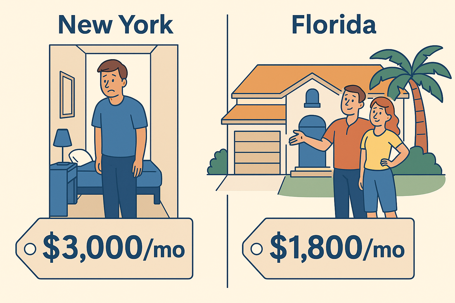 Comparison of living costs: a sad man in a $3,000/mo New York apartment vs. a happy couple at a $1,800/mo house in Florida with palm trees.