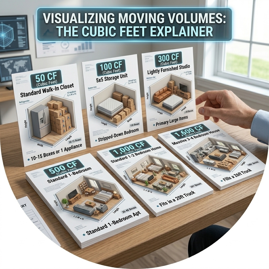 This photo shows common cubic foot estimates movers give and displays what items are likely to fit within the estimated volumes. 