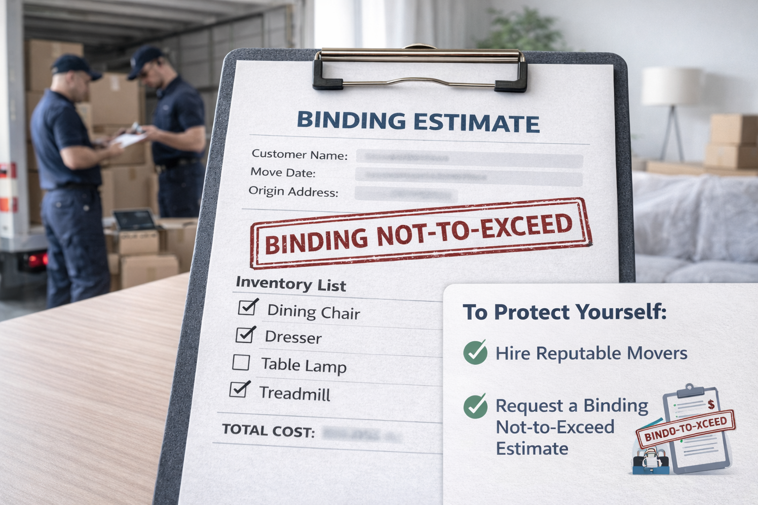 Educational graphic explaining how binding and binding-not-to-exceed moving estimates help protect customers from unexpected cost increases.