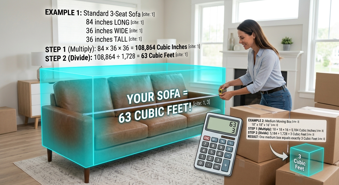 Don't let moving volume intimidate you. Grab a tape measure, use the standard formula (L × W × H ÷ 1,728), and you can accurately verify your own long-distance moving estimate.