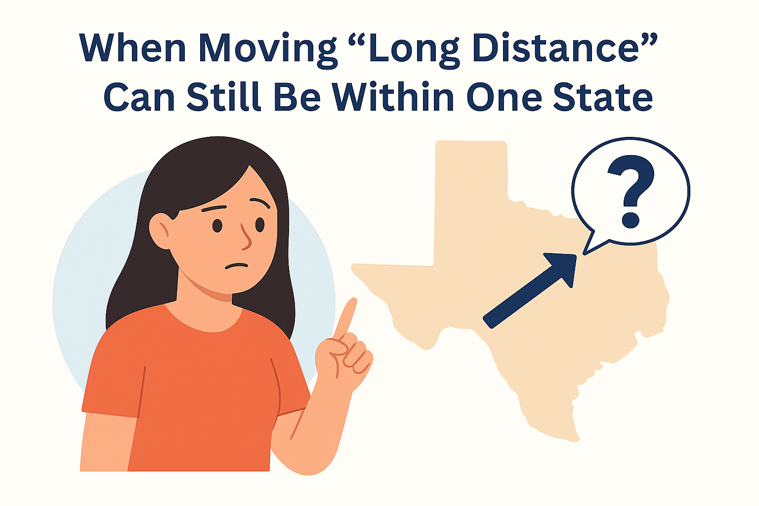 Woman in orange shirt confusedly points to Texas map with question mark. Text: "When Moving 'Long Distance' Can Still Be Within One State."