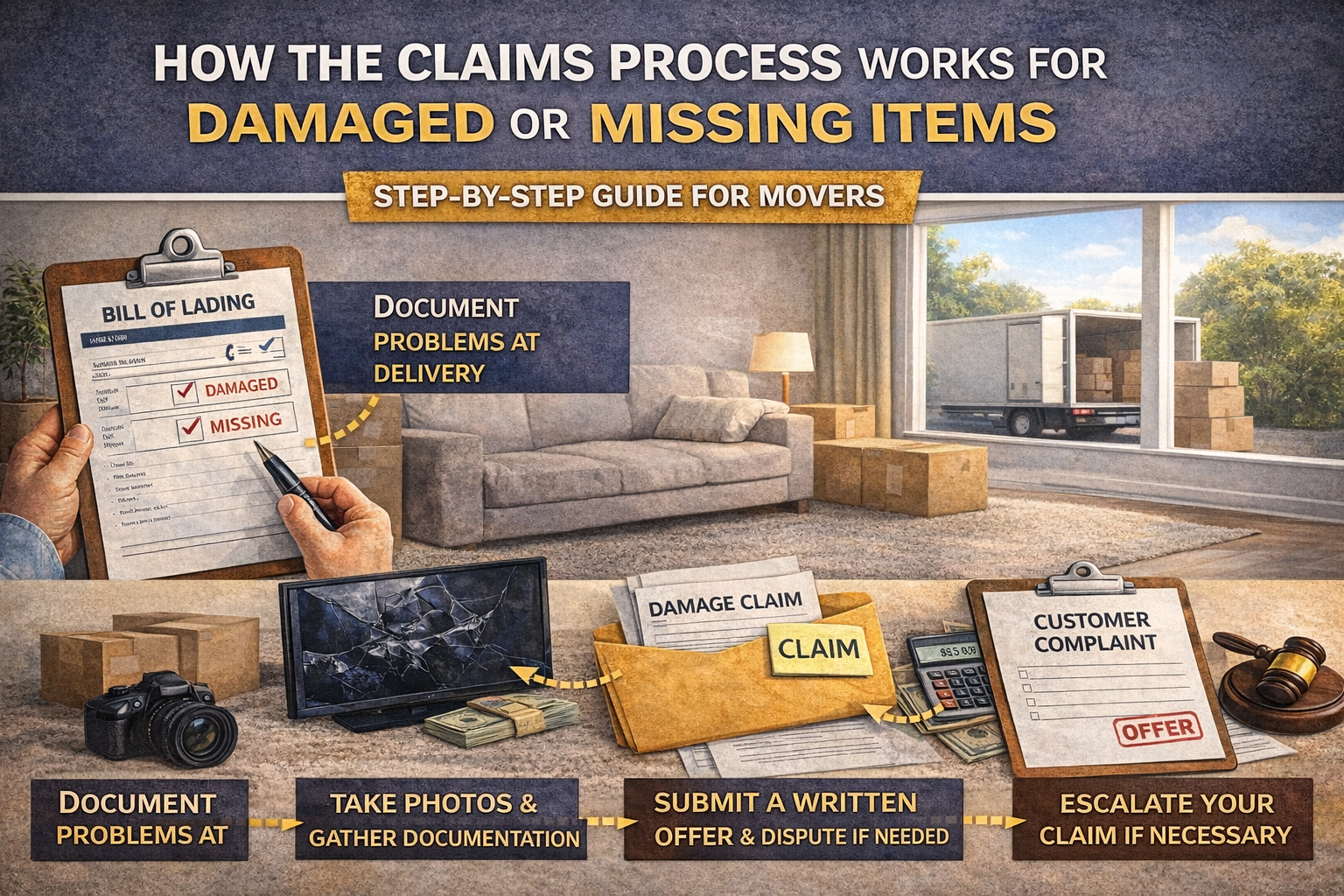 Filing a claim with movers after noticing damaged or missing items will take some time. On average long distance moving companies take between 30-90 days to settle a damaged or lost item claim. 