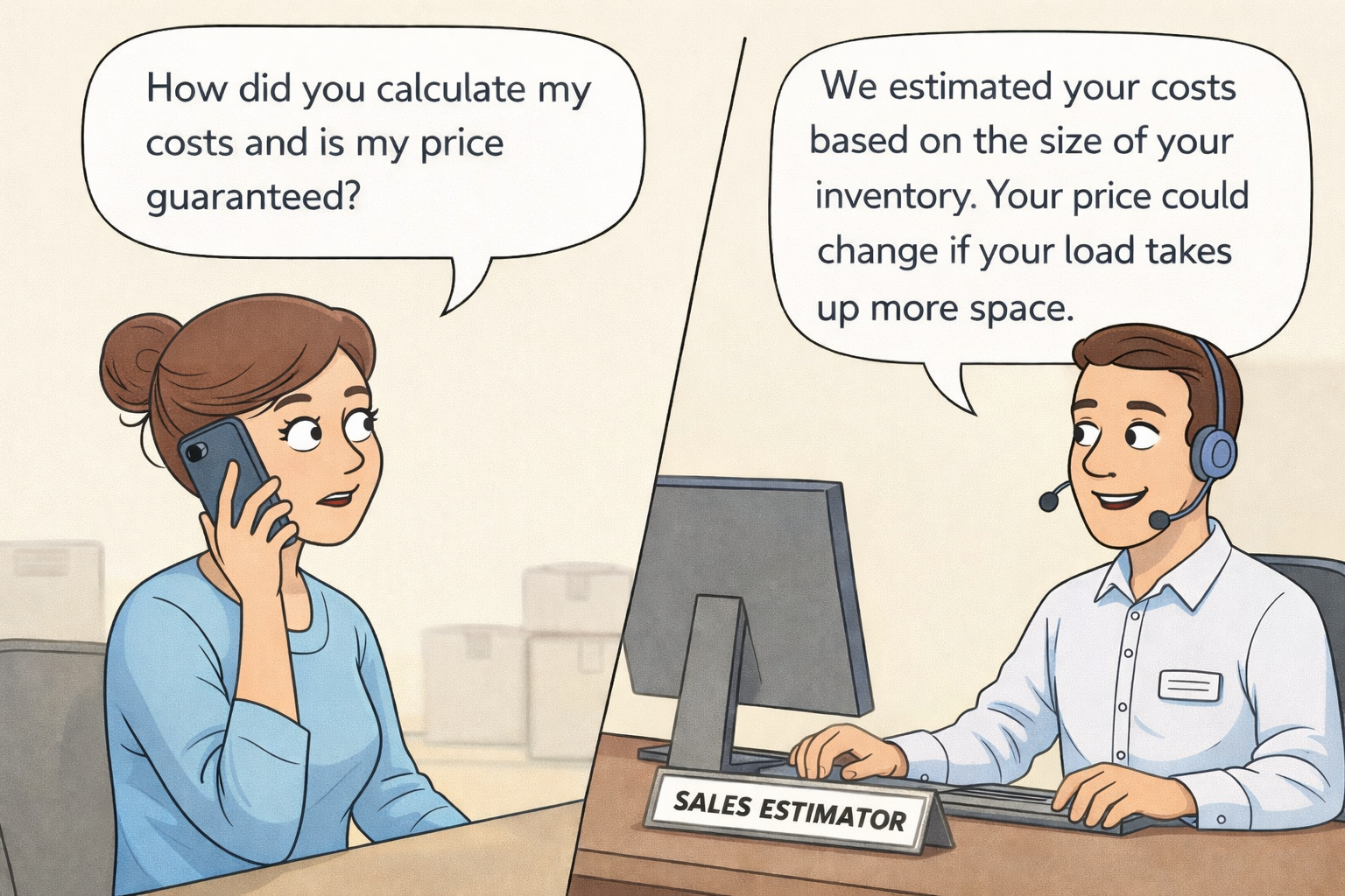 Illustration showing a customer asking a moving estimator how long-distance moving costs are calculated and whether the price is guaranteed.