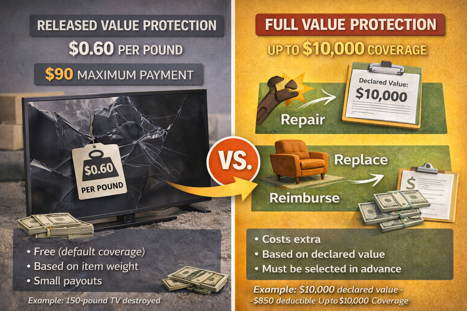 Infographic comparing released value protection versus full value protection for long-distance movers, showing $0.60 per pound weight-based coverage versus declared value coverage with repair, replacement, or reimbursement options.
