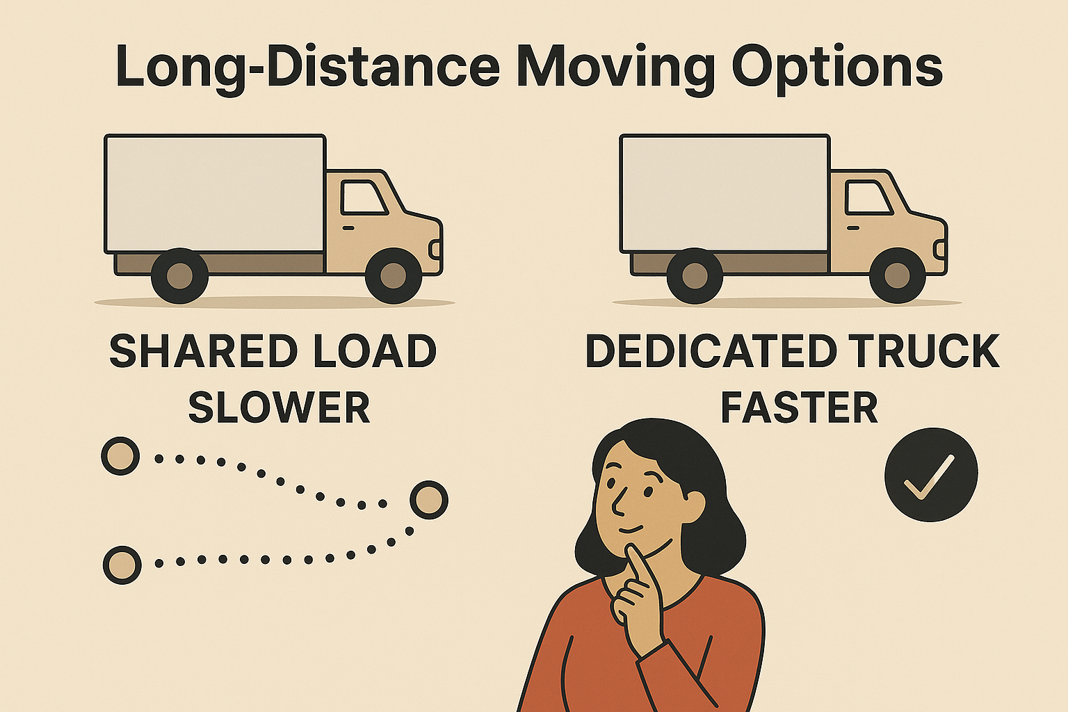 Chart comparing "Shared Load Slower" vs. "Dedicated Truck Faster." Features trucks and a thoughtful person. Beige background.