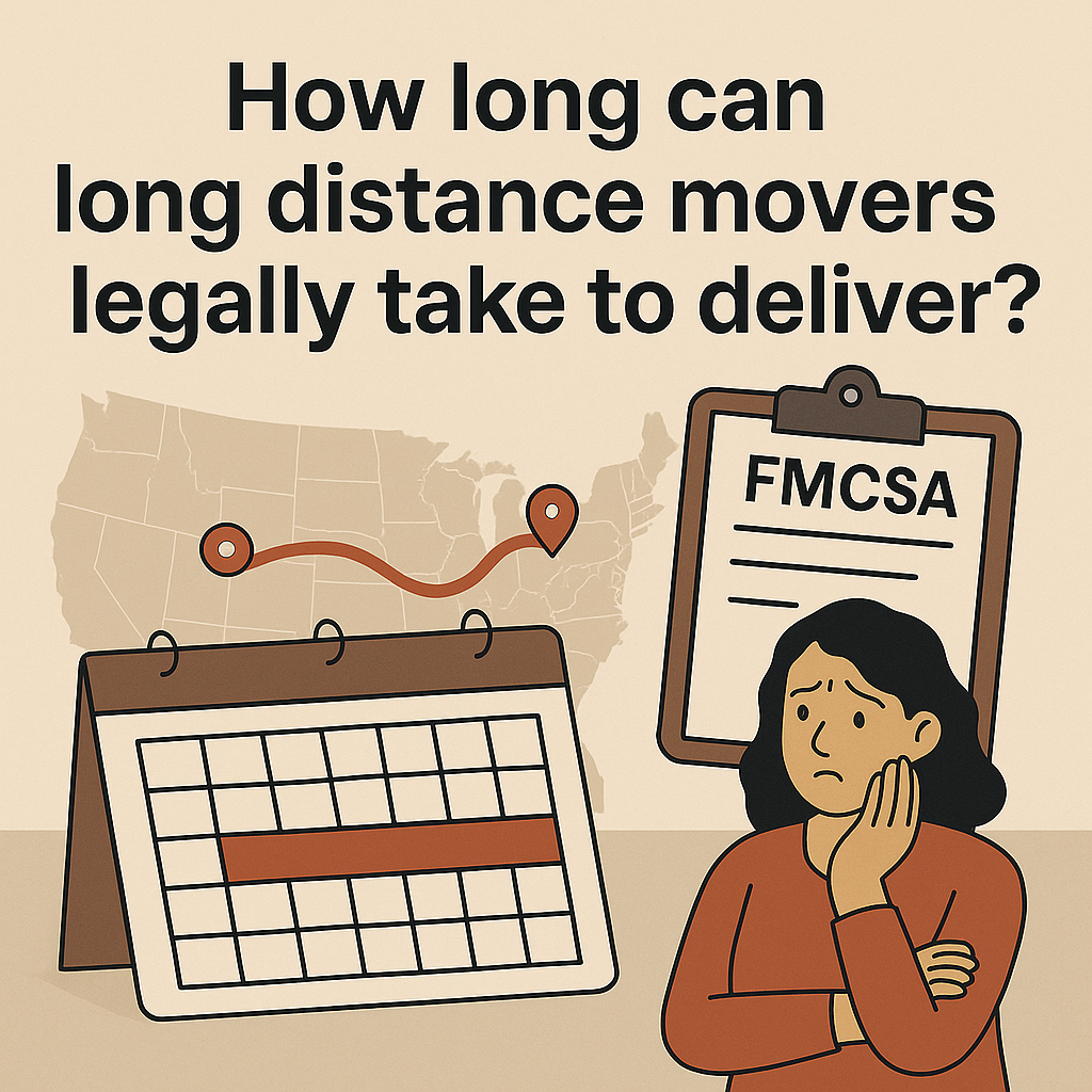 Woman looks concerned next to a calendar and FMCSA document. Background shows U.S. map with a delivery route. Text asks about movers' delivery time.